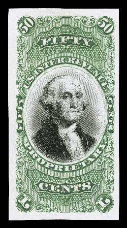 RB8P2, 50c Green and black, die proof on India, a lovely sized example, possessing large balanced margins all around, bright colors and highly detailed impressions, small hinge
thins as often found on this fragile India paper, otherwise very fin