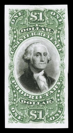 RB9P2, $1.00 Green and black, die proof on India, stamp size with uniformly large margins all around, rich luxuriant colors, light hinge thin as is usually found on this, very
fine a rarely offered proof.