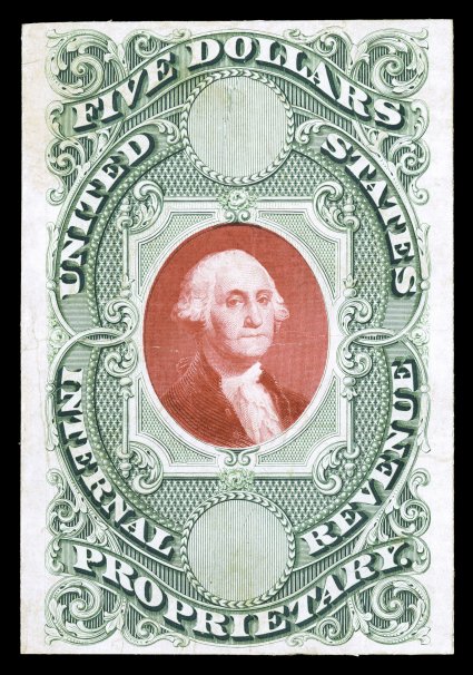 Turner Essay 120B, $5.00 Green and carmine die essay on India, stamp size mounted on card, attractive colors, large margins, small faults including a light horizontal crease,
very fine appearance an extremely rare essay of this popular high valu