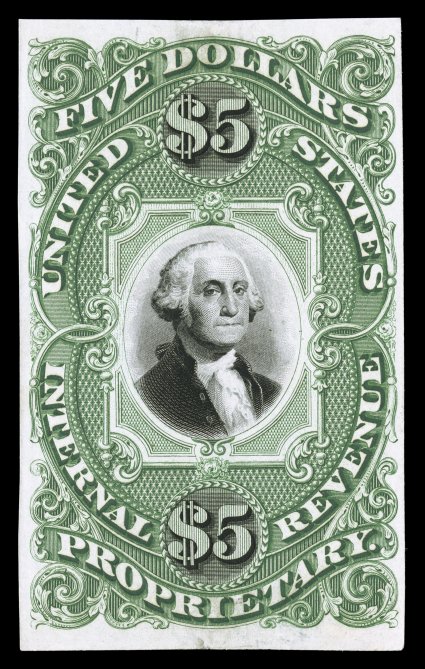 RB10P2, $5.00 Green and black, small die proof an impressive and exceptionally rare proof of this large stamp size revenue, large margins on all sides, lovely rich colors, tiny
hinge thin at bottom causes a minute translucent stain, still very f