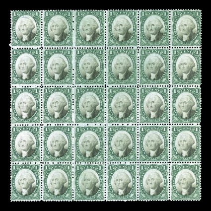 RB1a, 1c Green and black on violet paper, unused block of 30 (6x5), strong colors, several well centered stamps, very fine except for a few sheets, this is the largest known
multiple.
