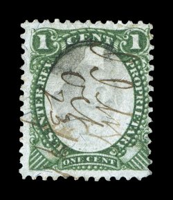 RB1ad, 1c Green and black on violet paper, Inverted Center, strong rich colors, 1871 ms. cancel, small thin speck at right, otherwise fine only about 25 examples have been
recorded.