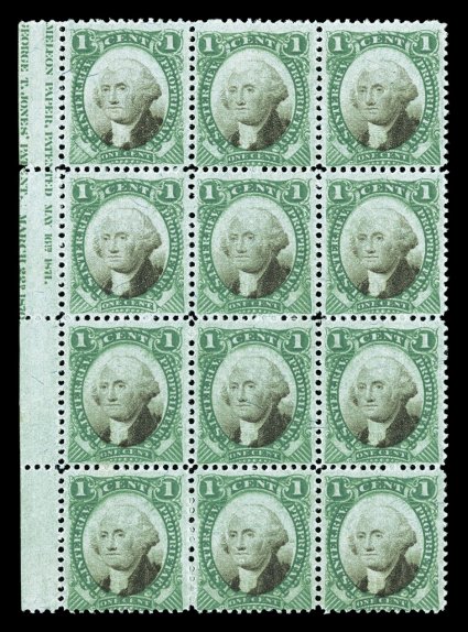 RB1b, 1c Green and black on green paper, unused left margin partial imprint block of twelve (3x4), bright colors, very fine except for one full sheet, there are no larger
multiples recorded.
