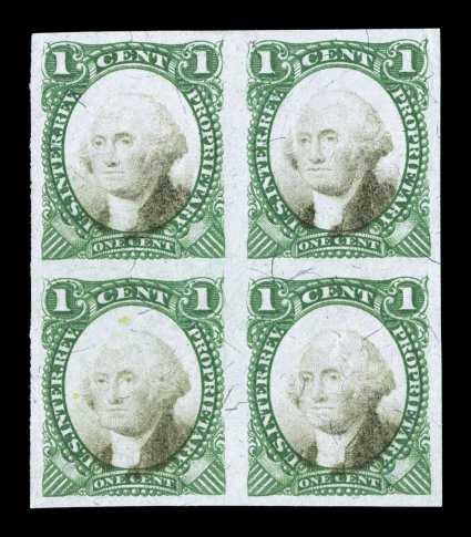 RB1c, 1c Green and black on violet paper, imperforate, unused block of four, large even margins all around, fresh colors, minor wrinkling, very fine.