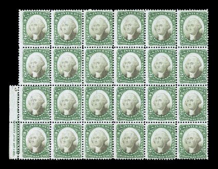 RB2a, 2c Green and black, unused block of 24 (6x4) with partial imprint and plate no. 3 in left margin of bottom two stamps, especially bright and fresh, a few perf.
separations at bottom, fine-very fine only one larger multiple is known.