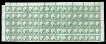 RB3b, 3c Green and black on green paper, top margin block of 85 (17x5), representing the top half of the sheet, with full selvage on three sides including inverted Wilcoxs
imprint in the top margin, bright colors, virtually full o.g., with just
