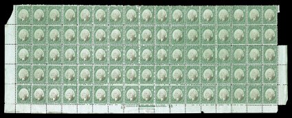 RB3b, 3c Green and black on green paper, offered here is the other largest known multiple, being the bottom half of the sheet (17x5), with full imprint and double plate no. 18
in the bottom selvage, some of the side selvage is missing, stron