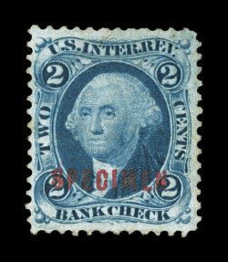 R5S-G, 2c Bank Check, with red Specimen overprint, nicely centered, strong rich color, very fine seriously undercataloged in Scott considering how infrequently this revenue
specimen comes to the marketplace.