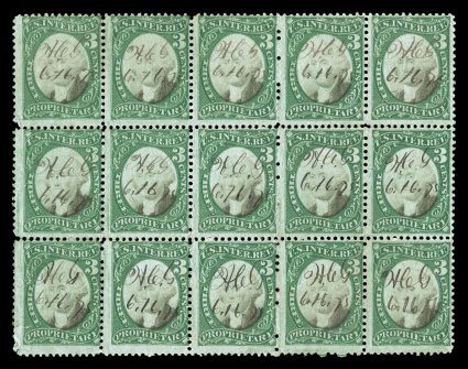 RB3b, 3c Green and black on green paper, used block of fifteen (5x3), rich colors, neat 1875 ms. cancels, bottom left stamp with faults, some mild toning on the reverse only,
fine.