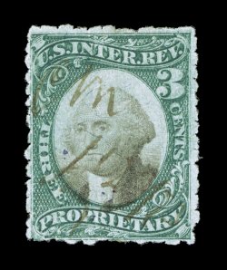 RB3c, 3c Green and black on violet paper, sewing machine perforations, lovely rich colors, light ms. cancels, a fine example of this elusive perforation
variety.