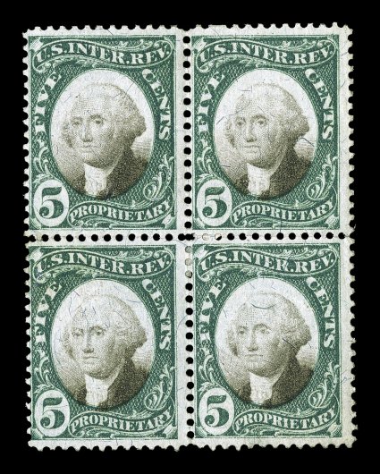 RB5a, 5c Green and black on violet paper, mint block of four, deep rich colors, original gum that is slightly disturbed from hinge removals, fine no larger multiple is
known.