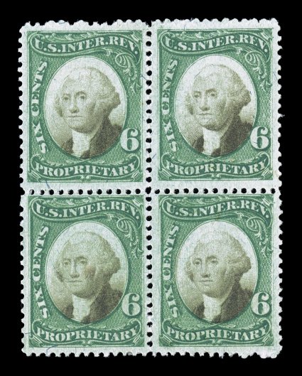 RB6a, 6c Green and black on violet paper, unused block of four, the top stamps are exceedingly well centered and margined, rich luxuriant color, very fine
block.
