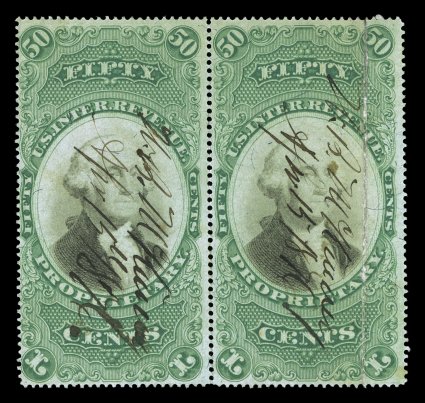 RB8a, 50c Green and black on violet paper, horizontal pair, rich colors, 1876 ms. cancels, right stamp with vertical crease that caused paper splitting, it has now been
repaired, also a few translucent spots, fine-very fine appearance an extrao