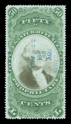 RB8b, 50c Green and black on green paper, well centered within large margins, blue five line handstamped cancel, just a faint suggestion of a crease, tiny age speck at top
left, very fine overall.