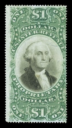 RB9a, $1.00 Green and black on violet paper, a rare mint copy, with full original gum (slightly brownish in places), rich color, shallow thin spot at top, tiny toned speck in
center, fine appearance.