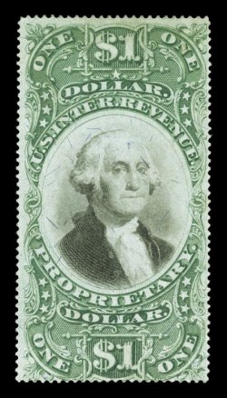 RB9a, $1.00 Green and black on violet paper, unused, strong colors, tiny trace of a thin speck at top, otherwise fine and rarely encountered unused.