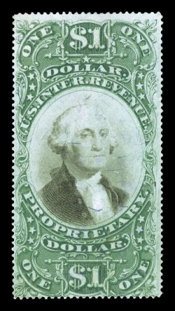 RB9a, $1.00 Green and black on violet paper, lightened ms. cancel, attractive colors, couple small facial scuffs, fine appearance.