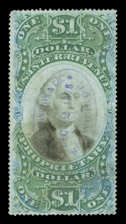RB9b, $1.00 Green and black on green paper, attractive colors, light purple oval handstamped cancel, tiny thin and trivial corner crease, minor soiling at bottom and some light
cleaning, very fine appearance clear 1977 PF certificate.