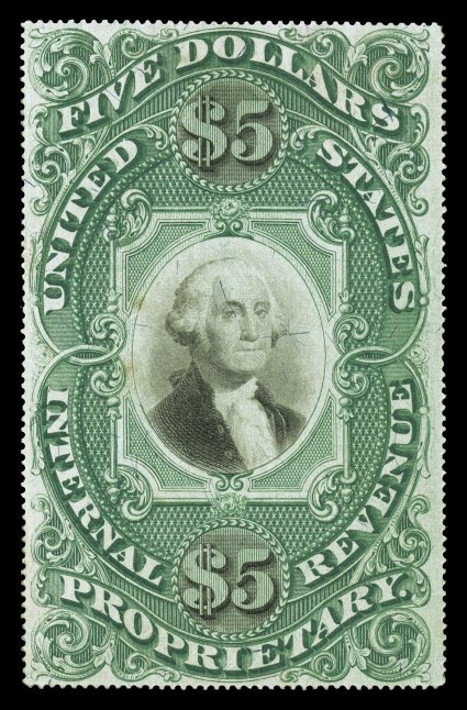 RB10a, $5.00 Green and black on violet paper, an exceedingly handsome and incredibly rare mint example, well centered, sumptuously rich color and a deeply etched impression,
part original gum, two tiny thin specks, a virtually undetectable minut