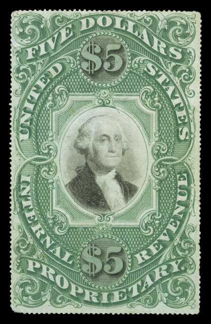 RB10a, $5.00 Green and black on violet paper, an incredibly rare unused example of this high value, well centered, exceedingly rich colors, barest trace of an edge thin at the
bottom left corner which is slightly rounded and a tiny expert repair