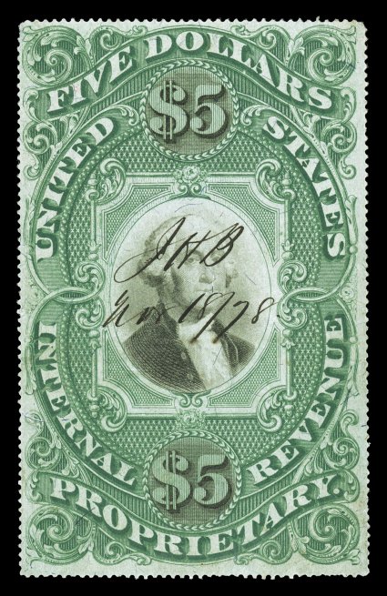 RB10a, $5.00 Green and black on violet paper, well centered, strong rich color and a crisp detailed impression, 1878 ms. cancel, slight edge thins at top and a few short perfs.
at bottom, very fine appearance despite the minor imperfections (vi