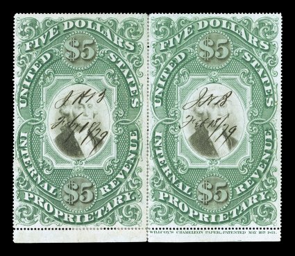 RB10a, $5.00 Green and black on violet paper, bottom margin rejoined horizontal pair with Wilcoxs imprint in margin of right stamp, strong rich colors, well centered and
margined, neat ms. cancels dated Feb 18., 1879, very faint insignifica