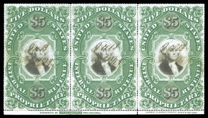 RB10a, $5.00 Green and black on violet paper, a magnificent bottom sheet-margin imprint strip of three, exceedingly well centered, deeply rich colors and highly detailed
impressions, 1879 ms. cancels, right stamp with small internal repair, left