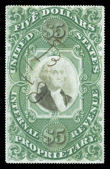 RB10b, $5.00 Green and black on green paper, well centered, strong rich colors and well incised impressions, small ms. cancel, two tiny thin spots at bottom and a couple
trivial facial scuffs at top, very fine appearance.To date there have bee