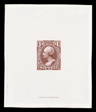 RB11TC, 1c Red brown, large die trial color proof on India, die sunk on 67x79mm card, quite fresh except for a faint toned spot in bottom margin, very fine.