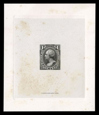 RB11TC, 1c Black, large die trial color proof on India, die sunk on 81x96mm card, some aging to the proof and card, still a highly collectable example of this elusive trial
color proof.