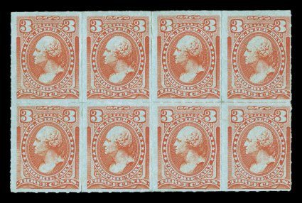 RB13c, 3c Orange, roulette 6, very rare mint block of eight (4x2), wonderfully fresh, full o.g., a few minor h.r.s, top left stamps with miniscule thin speck,
fine.