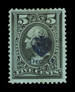R16b, 5c Black, fresh stamp cancelled by blue fancy heart printed cancel of the Victor E. Mauger Company, a manufacturer of playing cards, stamp with thin, a very fine strike
of this rare and beautiful cancel.