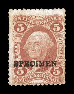 R27S-H, 5c Inland Exchange with type H Specimen overprint, attractive color, insignificant corner perf. crease at bottom left, fine a very rare specimen that is not listed in
Scott clear 1973 PF certificate.
