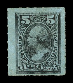 RB16c, 5c Black, roulette 6, huge margins, strong color, faintly cancelled, small thin, otherwise very fine.