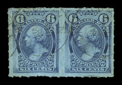 RB17c, 6c Violet blue, rouletted, horizontal pair, well centered, strong color, light handstamp c.d.s. cancels, thins, very fine appearance only a handful of pairs are recorded
and no larger multiple exists.