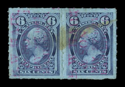 RB17c, 6c Violet blue, rouletted, another horizontal pair, excellent centering, brilliantly rich color in a distinctive shade from the above lot, red handstamp cancels, light
stain and a few small thin spots, very fine appearance.