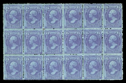 R18b, 6c Violet, watermarked paper, block of eighteen (6x3), rich bright color, small faint violet handstamp cancels leaving some stamps uncancelled, some small thins and a
trivial gum stain between stamps at top left, fine-very fine appearance