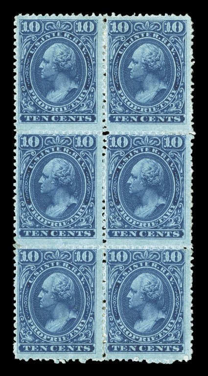 RB19, 10c Blue, mint block of six (2x3), beautiful vibrant color, full o.g., h.r.s at top and bottom, vertical crease in left stamps, fine appearance a very rare block, with
only one larger multiple known Scott lists but does not price a bloc