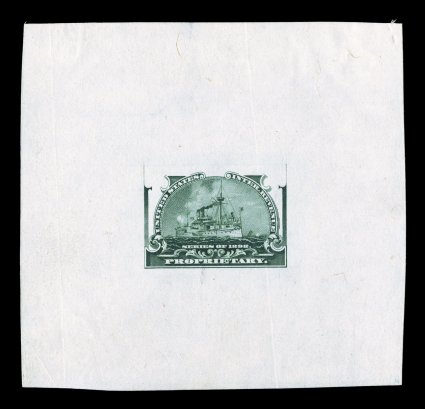 Turner Essay 180, Battleship Proprietary, incomplete die essay in green on India, 70x67mm, deep color and impression showing the detailing quite well, two light vertical
creases and a faint hinge thin, neither of which distract from the very fine