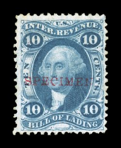 R32S-H, 10c Bill of Lading with red type H Specimen overprint, wonderfully bright and fresh, nicely centered, a couple short perfs. at right, otherwise very fine not listed in
Scott.
