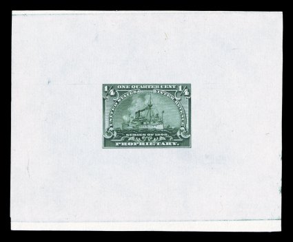 RB21TC, 14c Dull green, large die trial color proof on India, 81x66mm, with die sinkage at top and bottom, deep luxuriant color and a sharp detailed impression, essentially
sound, with just a couple pinpoint natural India paper irregularities,
