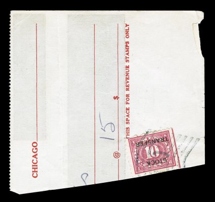 RD27a, 10c Carmine rose, inverted overprint, with natural straight-edge at right, bright color, tied to piece by wavy cancel, fine.