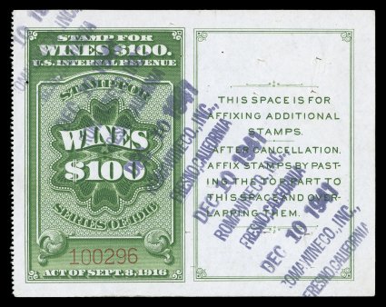 RE107D, $100.00 Yellow green, exceedingly well centered, bright and fresh, 1941 purple handstamps of Romawine Co. of Fresno, Cal., usual staple holes, extremely
fine.