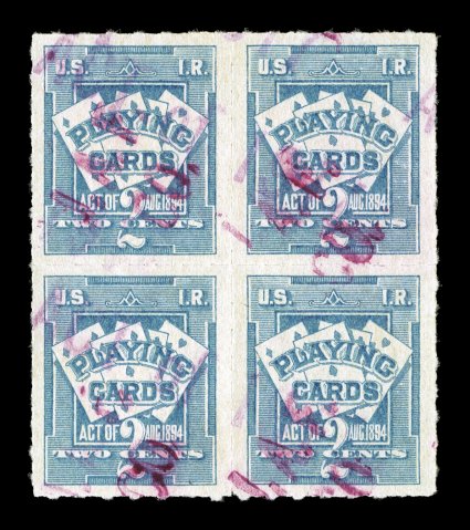 RF5 var., (7c) on on 2c Ultramarine, handstamped ACT of 1917 and J.A.F. diagonally in purple, unused block of four with this handstamp of J.A. Foster, well centered, very fine
and scarce.