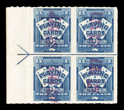 RF5 var., (7c) on on 2c Ultramarine, handstamped ACT 1917 vertically in purple, left margin arrow block of four, especially deep and luxuriant color, left stamps no gum, right
stamp with part o.g., top right stamp with small internal tear, fin