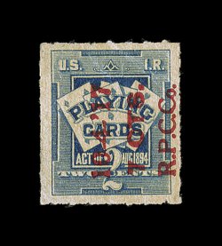 RF8, 7 CTS. surcharge on 2c Blue, exceptionally well centered, Russell Playing Card printed cancel as always, usual small faults, very fine appearance.