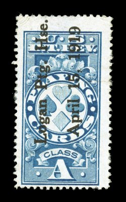 RF12d, Class A Blue, perforated 12 on all four sides, rich fresh color, usual Logan Printing House cancel, thinned at top, fine appearance a rare playing card
variety.