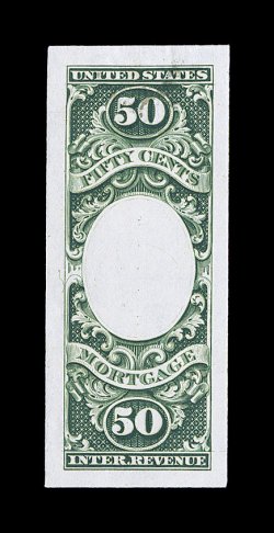 Turner Essay 8 var., 50c Mortgage essay in green, central vignette omitted, very large balanced margins, exceedingly fresh, small faint translucent stain at top, otherwise
extremely fine this elusive essay is not listed in Turner.