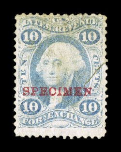 R35eS-H, 10c Foreign Exchange, ultramarine, with red Specimen overprint, sealed tear at right and light soiling at top, fine appearance.