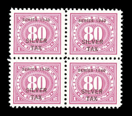 RG37-48, 1c-80c Rose pink, in mint blocks of four, well centered and marvelously fresh, o.g., n.h., very fine cataloged as hinged singles.